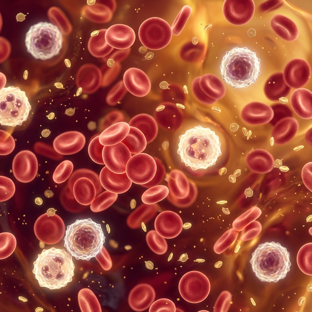 Microscopia artística de células sanguíneas: hemácias, glóbulos brancos e plaquetas