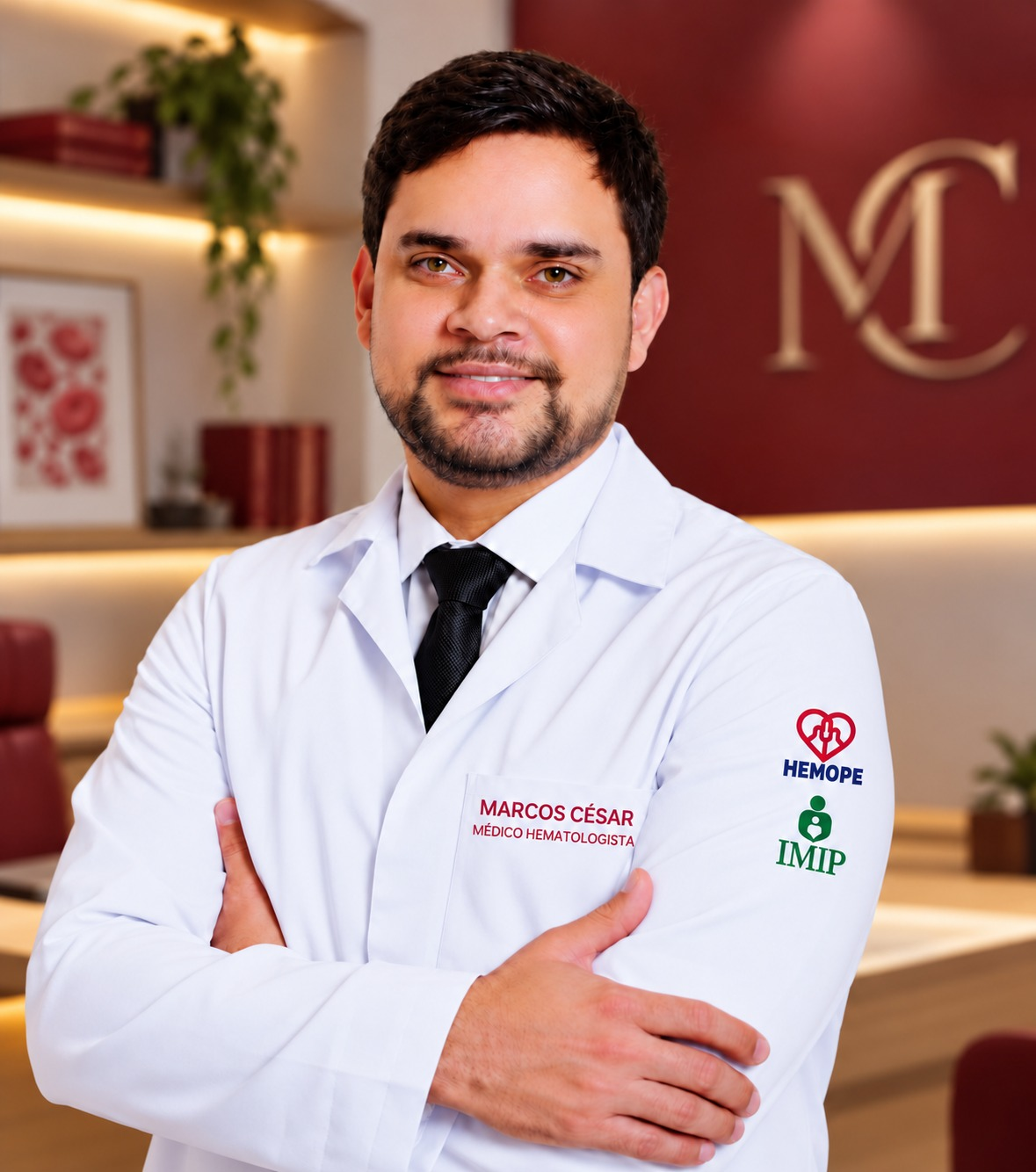 Dr. Marcos Pereira César — Médico Hematologista em consultório com jaleco branco e estetoscópio