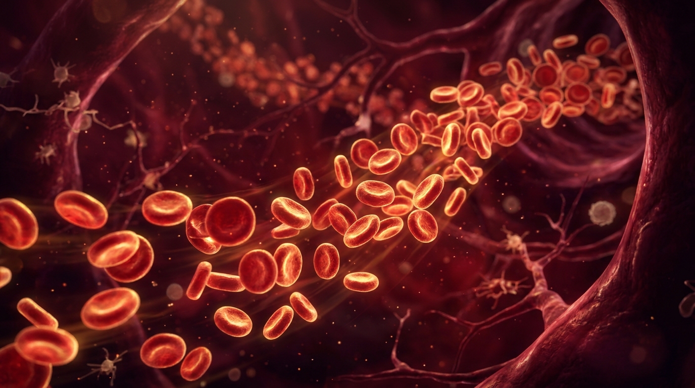 Visualização microscópica estética de células sanguíneas e hematologia com iluminação vinho e dourada